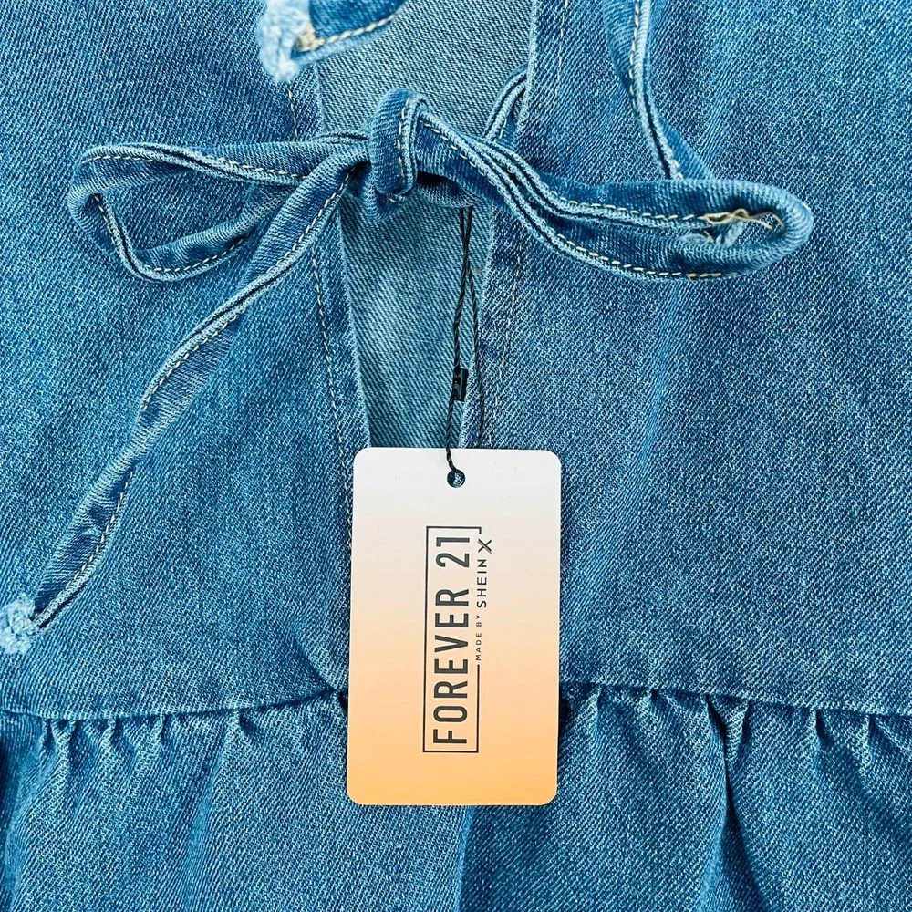 NWT Forever 21 SHEIN Denim Babydoll Mini Dress Puff Sleeve Tie Front Large Y2K‎ - Picture 2 of 8